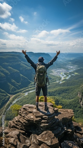 Back view of a young Asian hiker standing and raising his hands in happiness on the summit of a rough mountain, copy space.