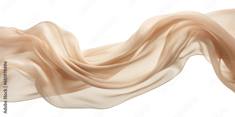 Beige silk fabric floating isolated on white background - obrazy, fototapety, plakaty 