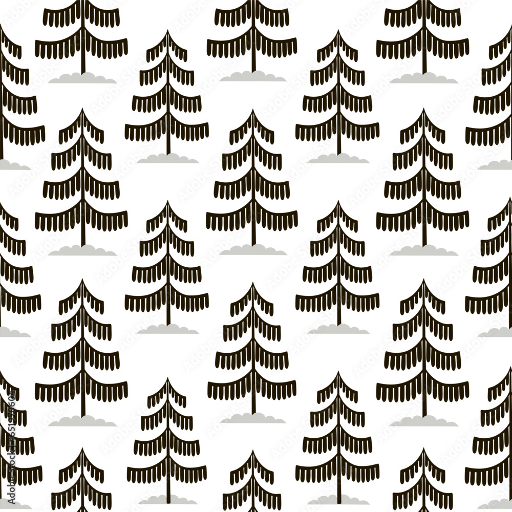 Obraz premium Christmas tree seamless pattern. Winter forest hand drawn graphic Noel print, New year holidays decoration, black and white background with fir tree, wallpaper, wrapping paper design, gift wrap