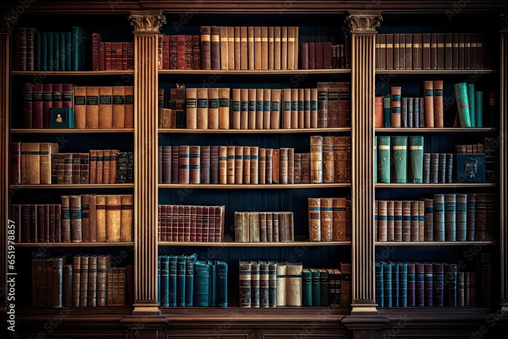 Glimpse into history. Aged literature on antique wooden shelves. Library of knowledge. Rows of vintage books await curious minds. Art of learning. Archive of old book in scholarly haven - obrazy, fototapety, plakaty 