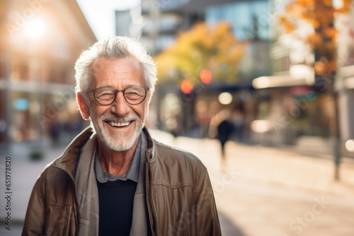 Close Up Portrait of a Cheerful Senior Man with Gray Hair Wearing Glasses in the city.