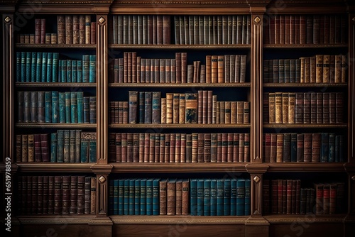 Glimpse into history. Aged literature on antique wooden shelves. Library of knowledge. Rows of vintage books await curious minds. Art of learning. Archive of old book in scholarly haven