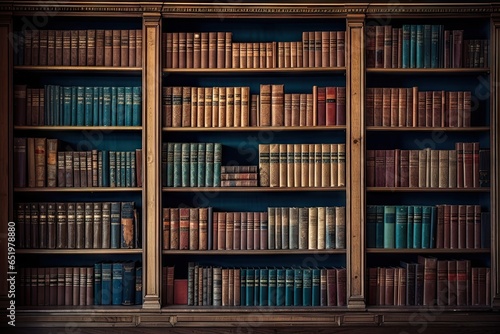 Glimpse into history. Aged literature on antique wooden shelves. Library of knowledge. Rows of vintage books await curious minds. Art of learning. Archive of old book in scholarly haven