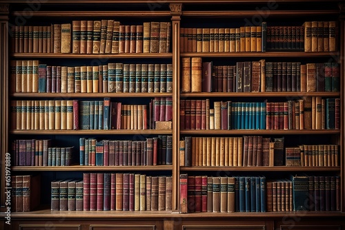 Glimpse into history. Aged literature on antique wooden shelves. Library of knowledge. Rows of vintage books await curious minds. Art of learning. Archive of old book in scholarly haven photo