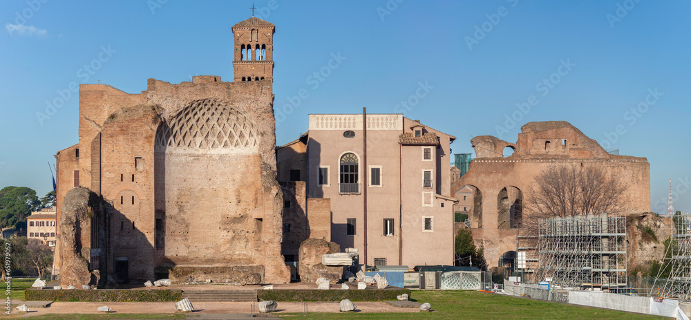 Panoramic view of the ruins of the  Temple of Venus and Rome with Maxentiu basilica in the background, Rome, Italy