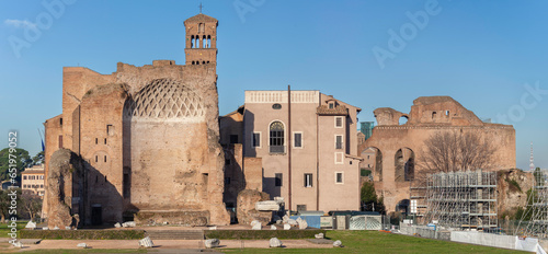 Panoramic view of the ruins of the Temple of Venus and Rome with Maxentiu basilica in the background, Rome, Italy
