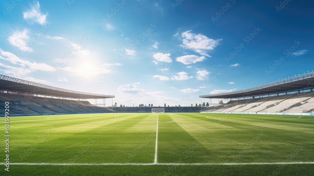Sunny Day at the Stadium: Grassy Football Field and Blue Sky - obrazy, fototapety, plakaty 