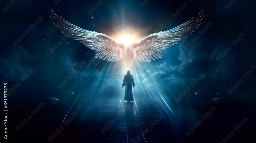 Angel, the messenger of God. Man under wings with a night sky background - obrazy, fototapety, plakaty 