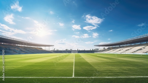 Sunny Day at the Stadium: Grassy Football Field and Blue Sky photo