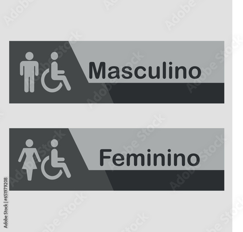 Placa para Banheiros Masculinos, Femininos e Deficientes. Arte executiva disponível em três tons de cinza.
