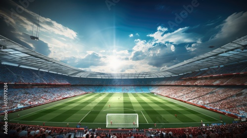 Sunny Day at the Stadium: Grassy Football Field and Blue Sky