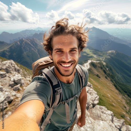 Hiker taking a selfie while out trekking in the wilderness