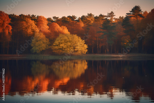 Autumn forest near the river, reflection in the water