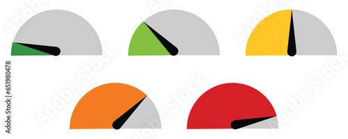 Speedometer, tachometer icon. Color speedometer set. Scale from red to green performance measurement.