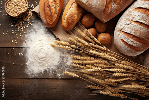 Assortiment de pain, blé, graine et farine sur du bois 