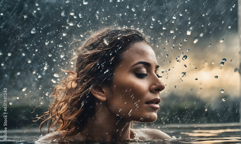 Beautiful woman model in beauty advertisement over the rain
