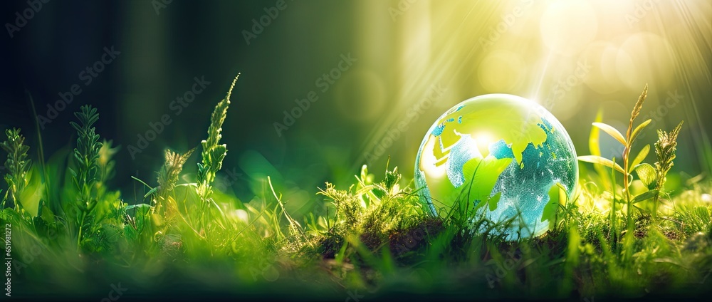 Global guardianship. Glass globe embraces earth fragile ecosystems on grass. Holding world future with care. Planet green promise. Encapsulates life and ecology - obrazy, fototapety, plakaty 