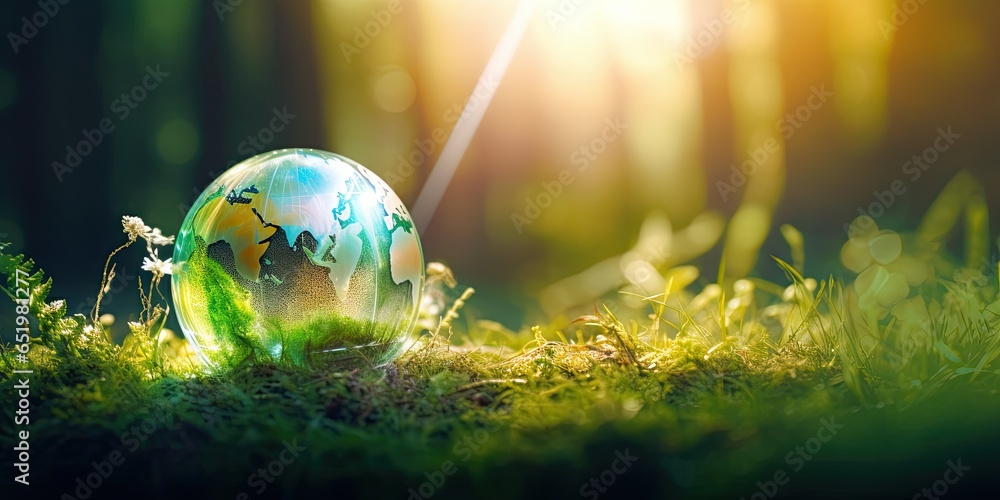 Global guardianship. Glass globe embraces earth fragile ecosystems on grass. Holding world future with care. Planet green promise. Encapsulates life and ecology - obrazy, fototapety, plakaty 