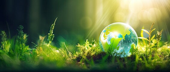 Global guardianship. Glass globe embraces earth fragile ecosystems on grass. Holding world future with care. Planet green promise. Encapsulates life and ecology