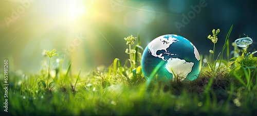 Global guardianship. Glass globe embraces earth fragile ecosystems on grass. Holding world future with care. Planet green promise. Encapsulates life and ecology