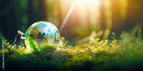 Global guardianship. Glass globe embraces earth fragile ecosystems on grass. Holding world future with care. Planet green promise. Encapsulates life and ecology photo