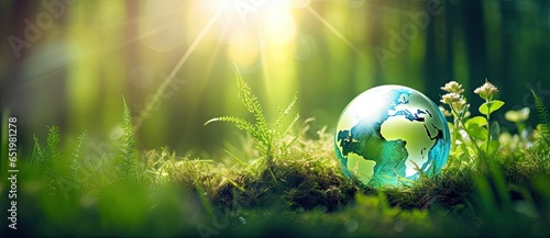 Global guardianship. Glass globe embraces earth fragile ecosystems on grass. Holding world future with care. Planet green promise. Encapsulates life and ecology #651981278
