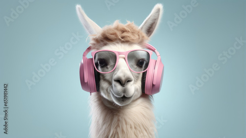 A chic llama in sunglasses and earbuds, strutting with elegance