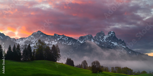 Amazing summer sunrise in the Alps  Tannheimer Tal  Tyrol  Austria 