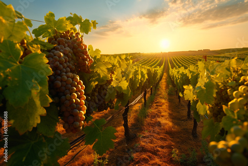 Vineyards with ripe grape at sunset in autumn harvest. AI Generative