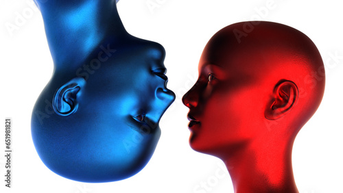3d render. Portrait of a blue bald man and a red bald woman upside down on a white background. 