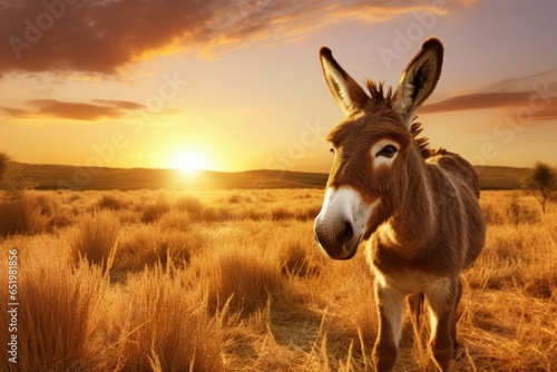 Serene Donkey field sunset. Cute summer rural. Generate Ai