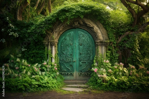 Door green garden. Nature stone old. Generate Ai