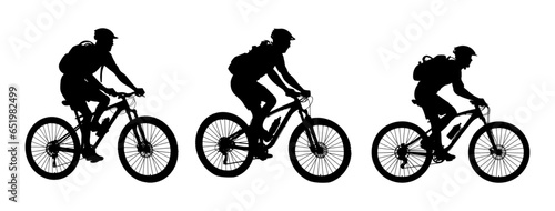 set of silhouettes of people riding bicycle. cyclist side view. high detail. isolated on a background. eps 10