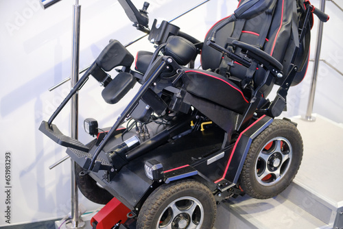 Close up of an electric wheelchair. Wheelchair for disabled people