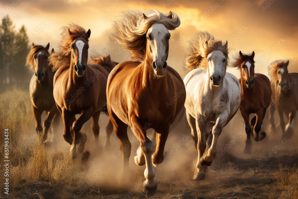 Obraz premium a group of horses running in the meadow