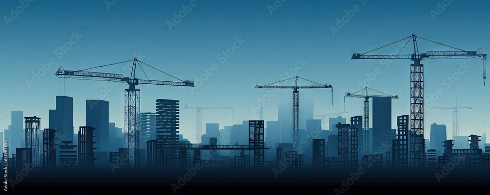 Urban evolution. Silhouetted construction site in modern city background. Building future. Skyscraper at dawn. Engineering marvel. High rise in progress