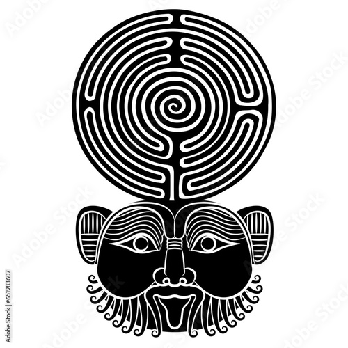 Head of ancient Egyptian god Bes holding a round spiral maze or labyrinth symbol. Mythological concept. Black and white silhouette.