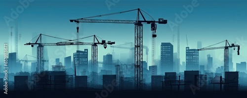 Urban evolution. Silhouetted construction site in modern city background. Building future. Skyscraper at dawn. Engineering marvel. High rise in progress