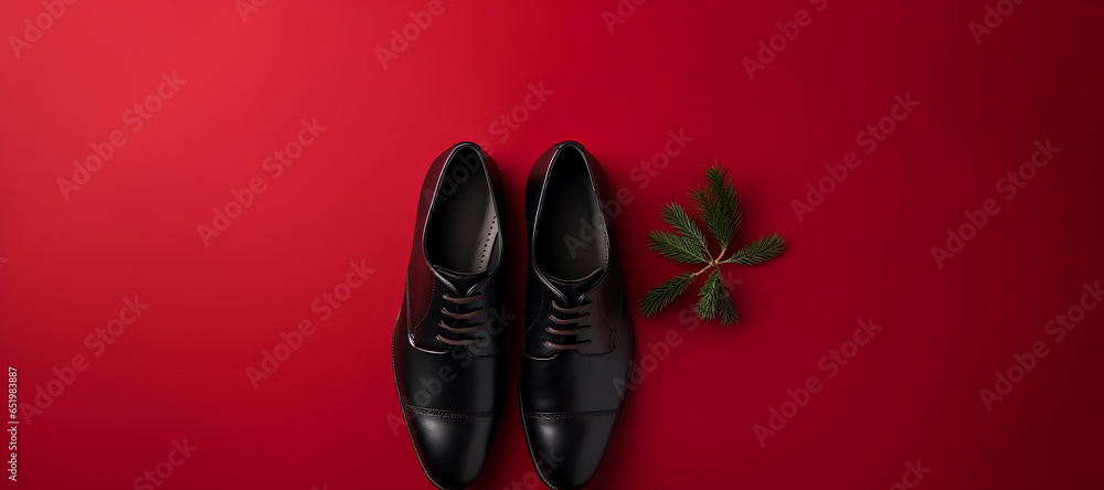 Creative winter background with black stylish formal shoes on a red background. Seasons greeting. Christmas flat lay.
