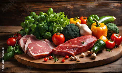 concept of fresh meats for barbecue and vegetables from the garden and butcher's meat