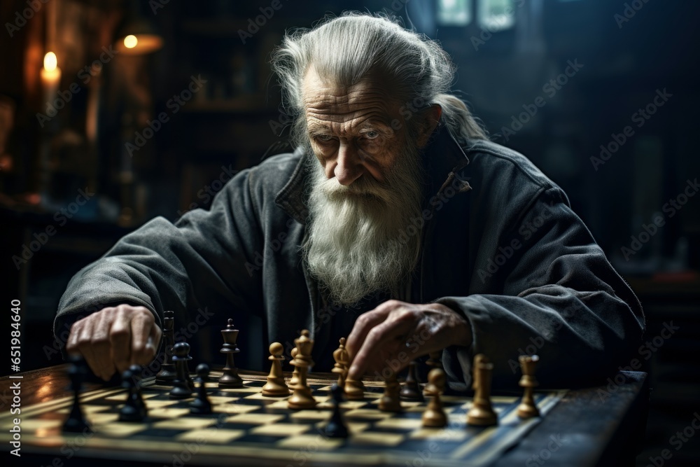 Thoughtful Elder man home chess. Thinking senior. Fictional person. Generate Ai Thoughtful Elder man home chess. Thinking senior. Fictional person. Generate Ai