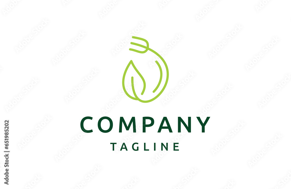 Restaurant leaf spoon and fork with line art style logo design template Restaurant leaf spoon and fork with line art style logo design template