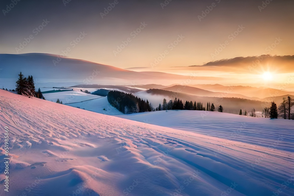 winter sunset in the mountains