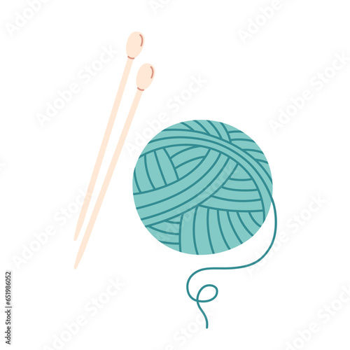 Ball of wool yarn with knitting needles. Knitting, needlework, hobbies. Wool threads. Vector illustration in flat style