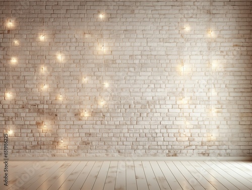 Minimalist white brick wall adorned with shimmering Christmas lights, perfect for background.