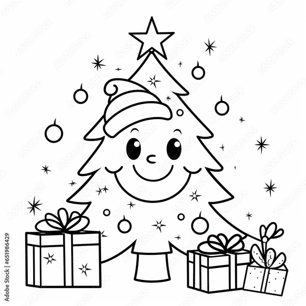 Funny Christmas Tree Coloring Page, Black and White Funny Christmas Tree Coloring Page, Black and White