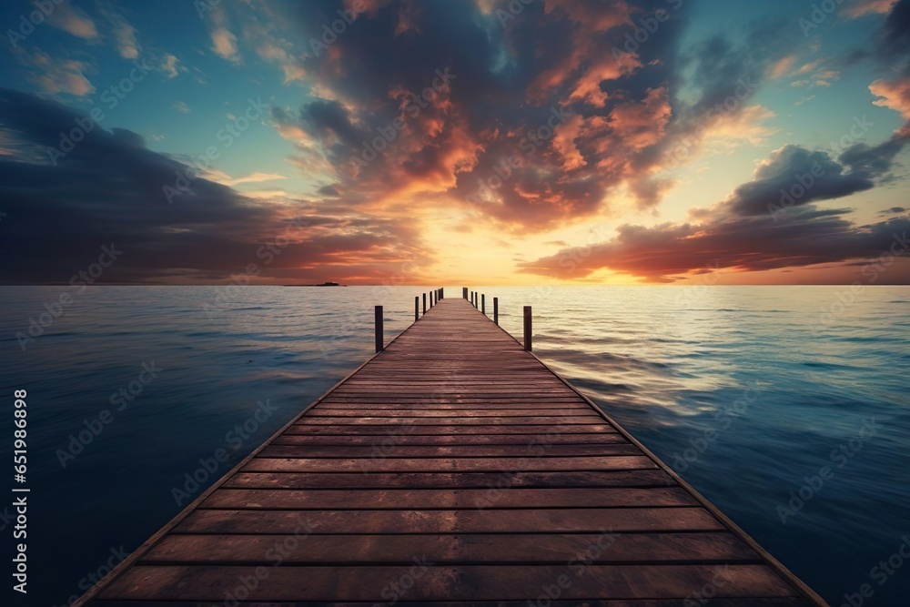wooden dock pier on the water at sunset, sea summer background with beautiful landscape