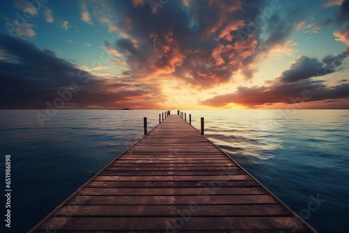 wooden dock pier on the water at sunset, sea summer background with beautiful landscape photo