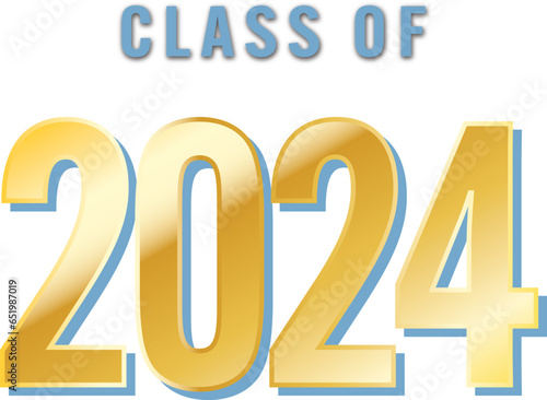 Class of 2024 text in Carolina Blue and Gold Metallic on White or Transparent Background with 3d Effect