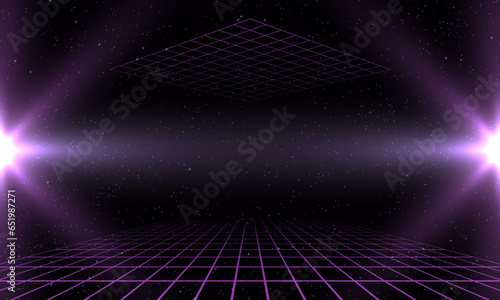 Synthwave vaporwave retrowave cyber background with copy space, laser grid, starry sky, blue and purple glows with smoke and particles. Design for poster, cover, wallpaper, web, banner, etc.	